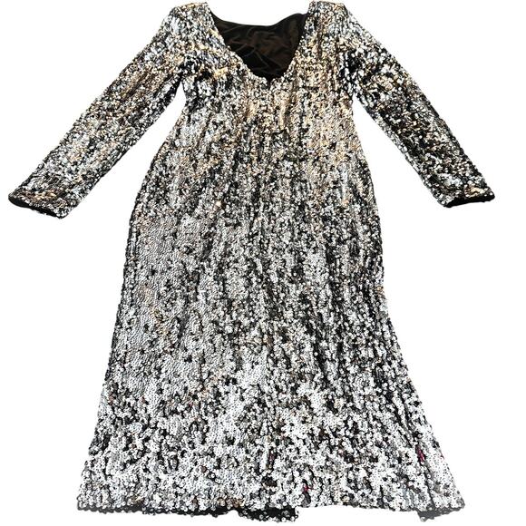 Dress The Population Natalie Sequin Side Slit Long Sleeve Dress Silver Size L - Picture 7 of 8